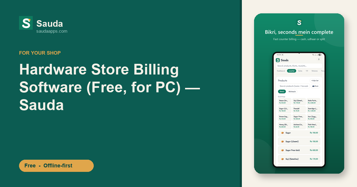 Hardware Store Billing Software (Free, for PC) — Sauda — Sauda app screenshot