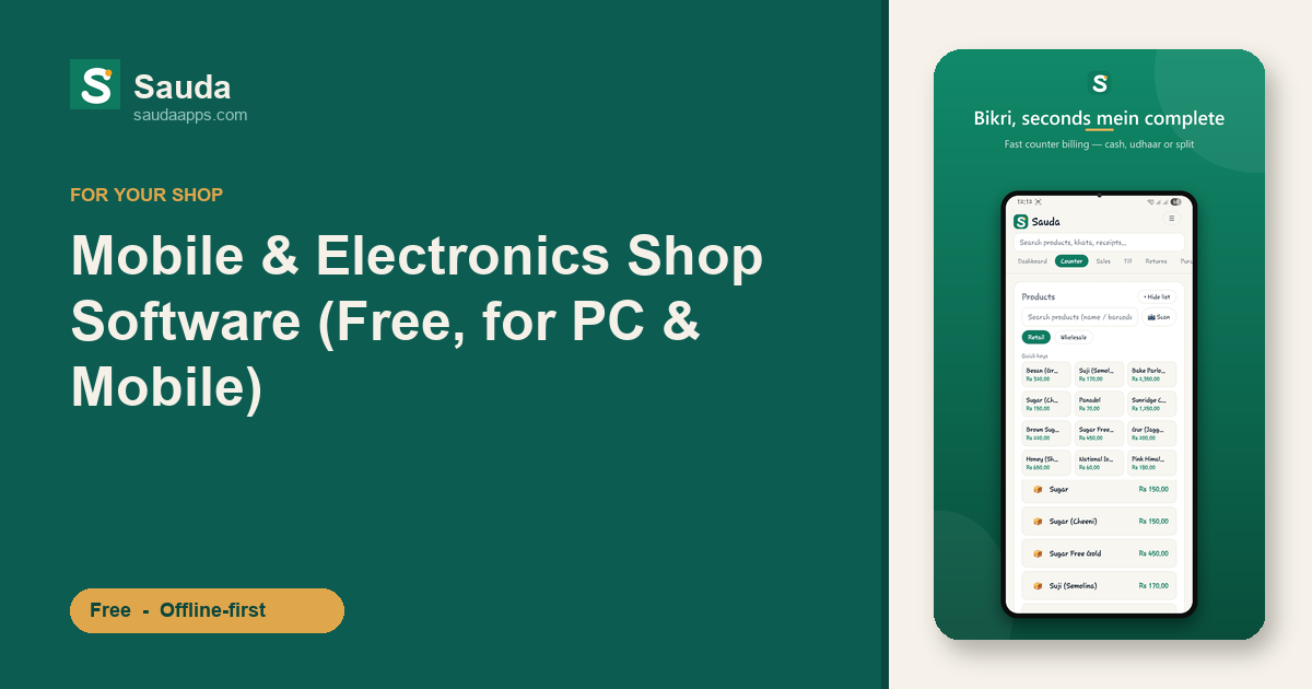 Mobile & Electronics Shop Software (Free, for PC & Mobile) — Sauda app screenshot