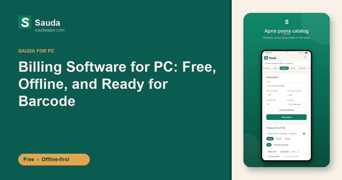 Billing Software for PC: Free, Offline, and Ready for Barcode — Sauda app screenshot