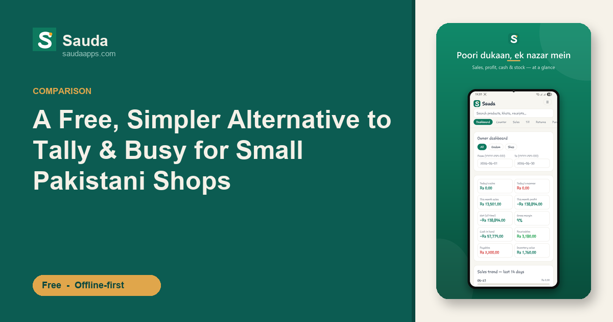 A Free, Simpler Alternative to Tally & Busy for Small Pakistani Shops — Sauda app screenshot